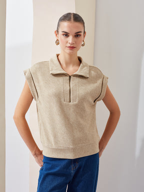Latin Quarters Women Beige Solid Collared Sleeveless Casual Regular Top
