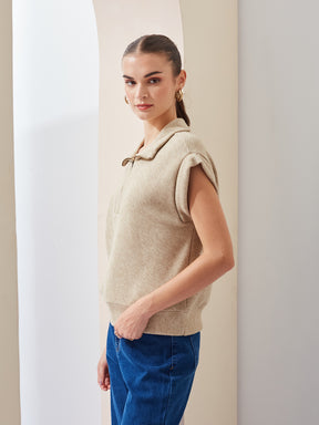 Latin Quarters Women Beige Solid Collared Sleeveless Casual Regular Top