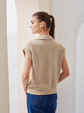 Latin Quarters Women Beige Solid Collared Sleeveless Casual Regular Top