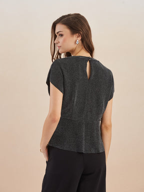 Latin Quarters Women Silver Shimmer V-Neck Cap Sleeve Wrap Top for Party Occassion
