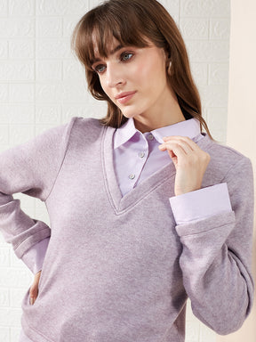 Latin Quarters Women Lavender Solid Full Sleeve Collared Casual Pullover Sweatshirt