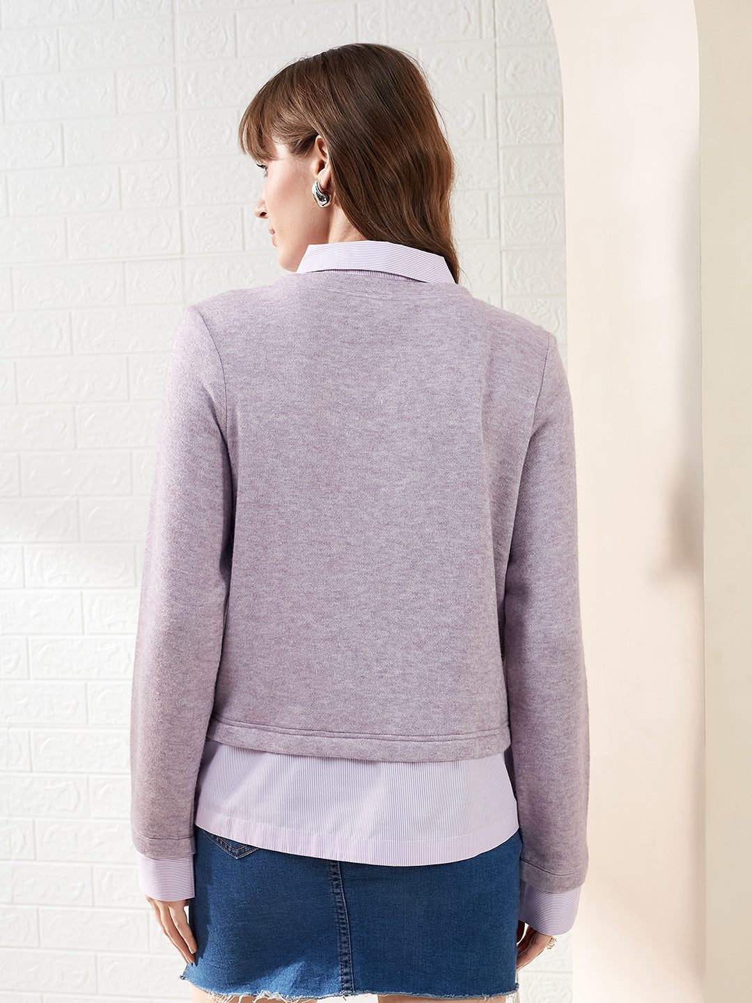 Latin Quarters Women Lavender Solid Full Sleeve Collared Casual Pullover Sweatshirt