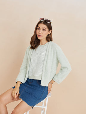 Latin Quarters Women'S Green Round Neck Full Sleeves Self Design Casual Sweatshirt Shrug Set