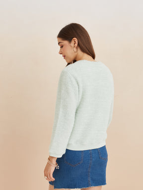 Latin Quarters Women'S Green Round Neck Full Sleeves Self Design Casual Sweatshirt Shrug Set