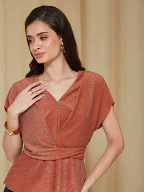 Latin Quarters Women'S Peach V-Neck Cap Sleeves Solid Party Top