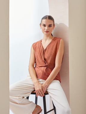 Latin Quarters Women Brown Shimmer V-Neck Sleeveless Party Regular Top