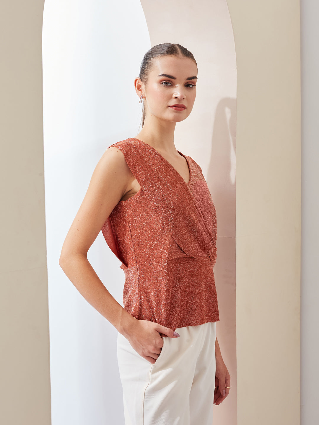 Latin Quarters Women Brown Shimmer V-Neck Sleeveless Party Regular Top