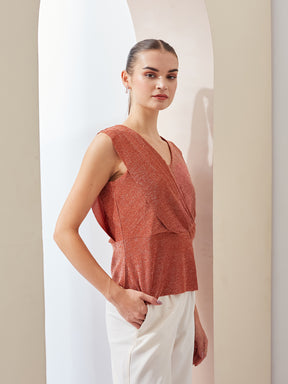 Latin Quarters Women Brown Shimmer V-Neck Sleeveless Party Regular Top