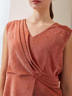Latin Quarters Women Brown Shimmer V-Neck Sleeveless Party Regular Top