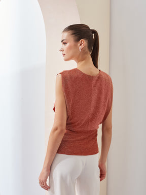 Latin Quarters Women Brown Shimmer V-Neck Sleeveless Party Regular Top