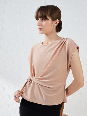 Latin Quarters Women's Peach Cap Sleeves Boat Neck Solid Party Regular Top