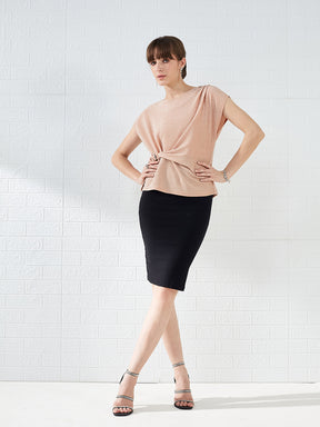 Latin Quarters Women's Peach Cap Sleeves Boat Neck Solid Party Regular Top