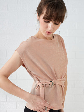 Latin Quarters Women's Peach Cap Sleeves Boat Neck Solid Party Regular Top