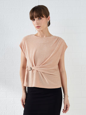 Latin Quarters Women's Peach Cap Sleeves Boat Neck Solid Party Regular Top