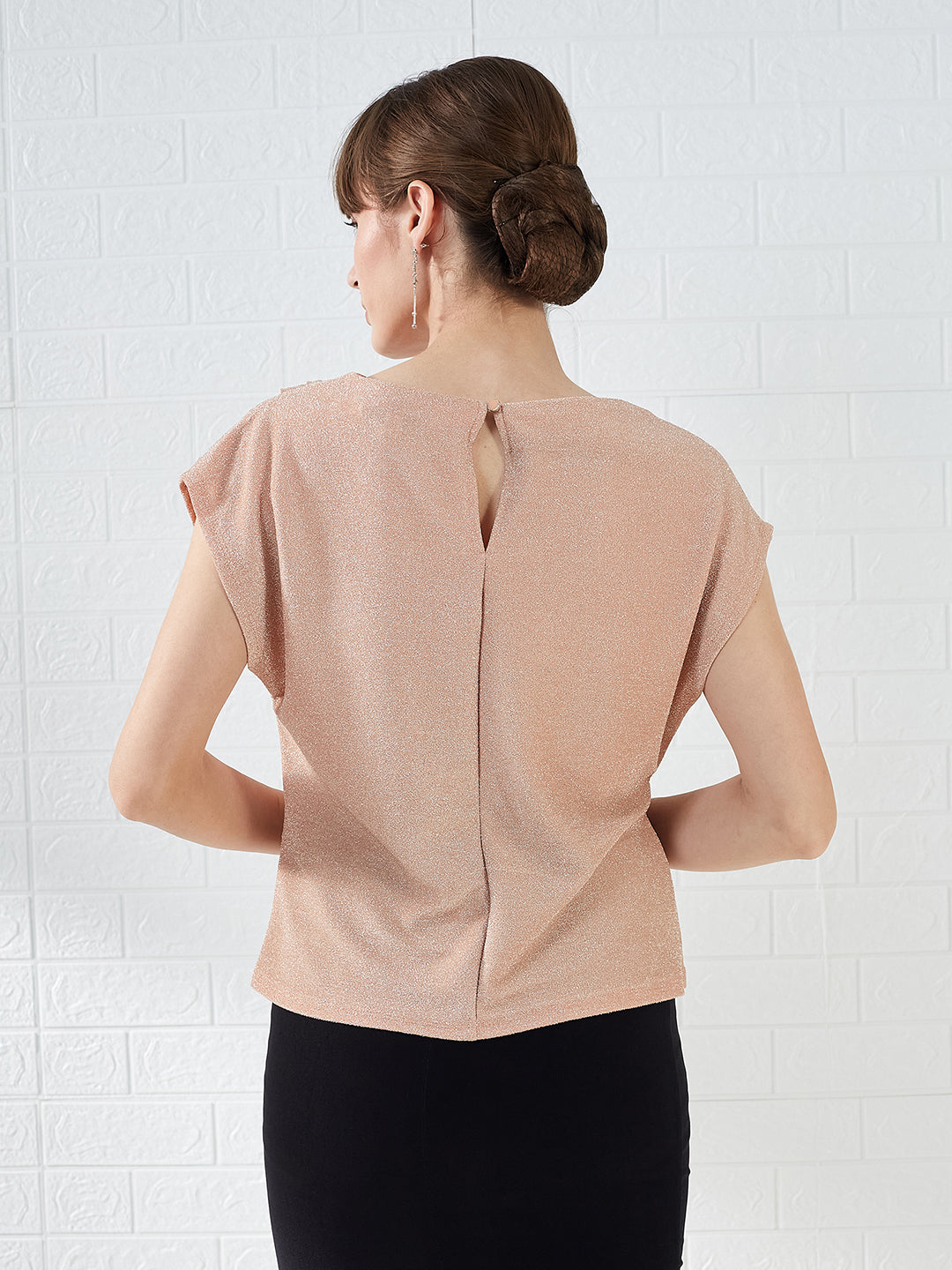 Latin Quarters Women's Peach Cap Sleeves Boat Neck Solid Party Regular Top