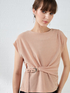 Latin Quarters Women's Peach Cap Sleeves Boat Neck Solid Party Regular Top