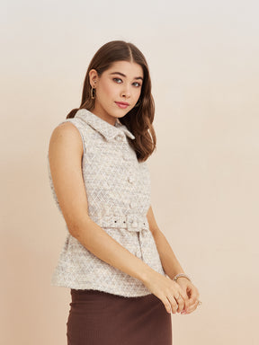 Latin Quarters Women'S Beige Collar Neck Sleeveless Self Design Casual Cardigan