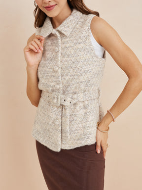 Latin Quarters Women'S Beige Collar Neck Sleeveless Self Design Casual Cardigan