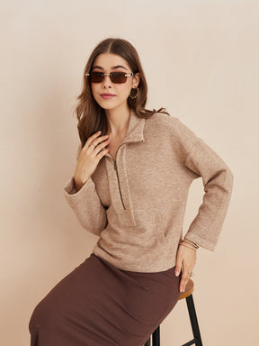 Latin Quarters Women'S Brown Collar Neck Full Sleeves Solid Casual Sweatshirt