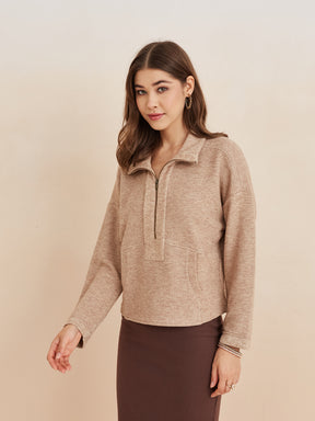 Latin Quarters Women'S Brown Collar Neck Full Sleeves Solid Casual Sweatshirt