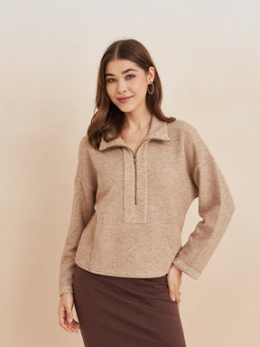 Latin Quarters Women'S Brown Collar Neck Full Sleeves Solid Casual Sweatshirt