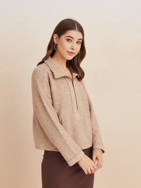 Latin Quarters Women'S Brown Collar Neck Full Sleeves Solid Casual Sweatshirt