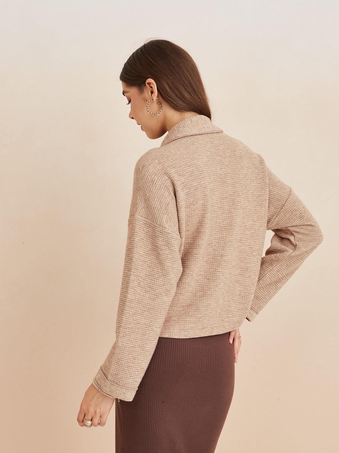 Latin Quarters Women'S Brown Collar Neck Full Sleeves Solid Casual Sweatshirt