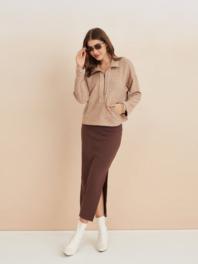 Latin Quarters Women'S Brown Collar Neck Full Sleeves Solid Casual Sweatshirt