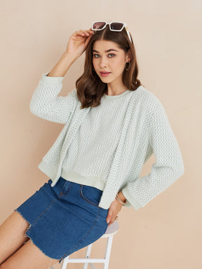 Latin Quarters Women'S Green Round Neck Full Sleeves Self Design Casual Sweatshirt Shrug Set