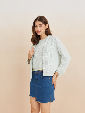 Latin Quarters Women'S Green Round Neck Full Sleeves Self Design Casual Sweatshirt Shrug Set