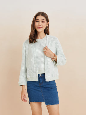 Latin Quarters Women'S Green Round Neck Full Sleeves Self Design Casual Sweatshirt Shrug Set