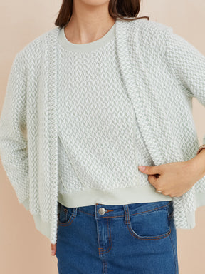 Latin Quarters Women'S Green Round Neck Full Sleeves Self Design Casual Sweatshirt Shrug Set