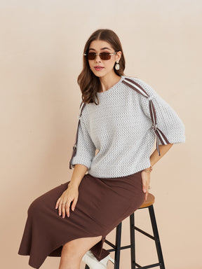 Latin Quarters Women'S Grey Round Neck 3/4Th Sleeves Self Design Casual Sweatshirt