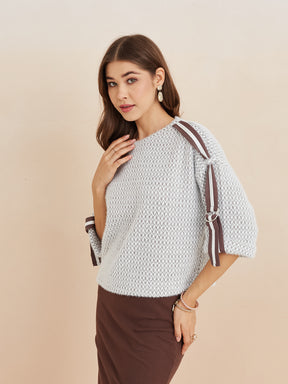 Latin Quarters Women'S Grey Round Neck 3/4Th Sleeves Self Design Casual Sweatshirt