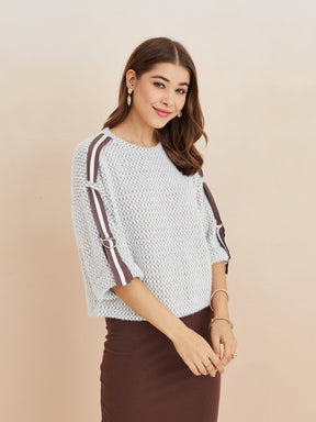 Latin Quarters Women'S Grey Round Neck 3/4Th Sleeves Self Design Casual Sweatshirt