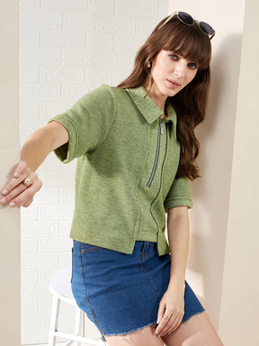 Latin Quarters Women's Green Half Sleeves Collared Self Design Casual Crop Top