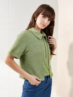 Latin Quarters Women's Green Half Sleeves Collared Self Design Casual Crop Top