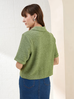 Latin Quarters Women's Green Half Sleeves Collared Self Design Casual Crop Top
