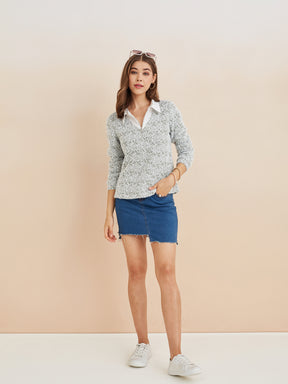 Latin Quarters Women'S Green Collar Neck Full Sleeves Self Design Casual Sweatshirt