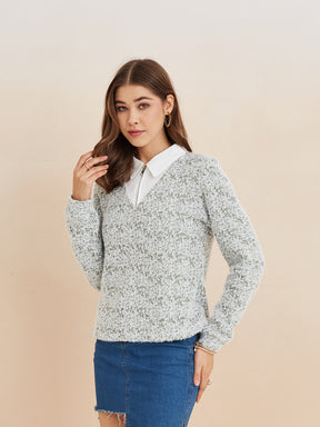 Latin Quarters Women'S Green Collar Neck Full Sleeves Self Design Casual Sweatshirt