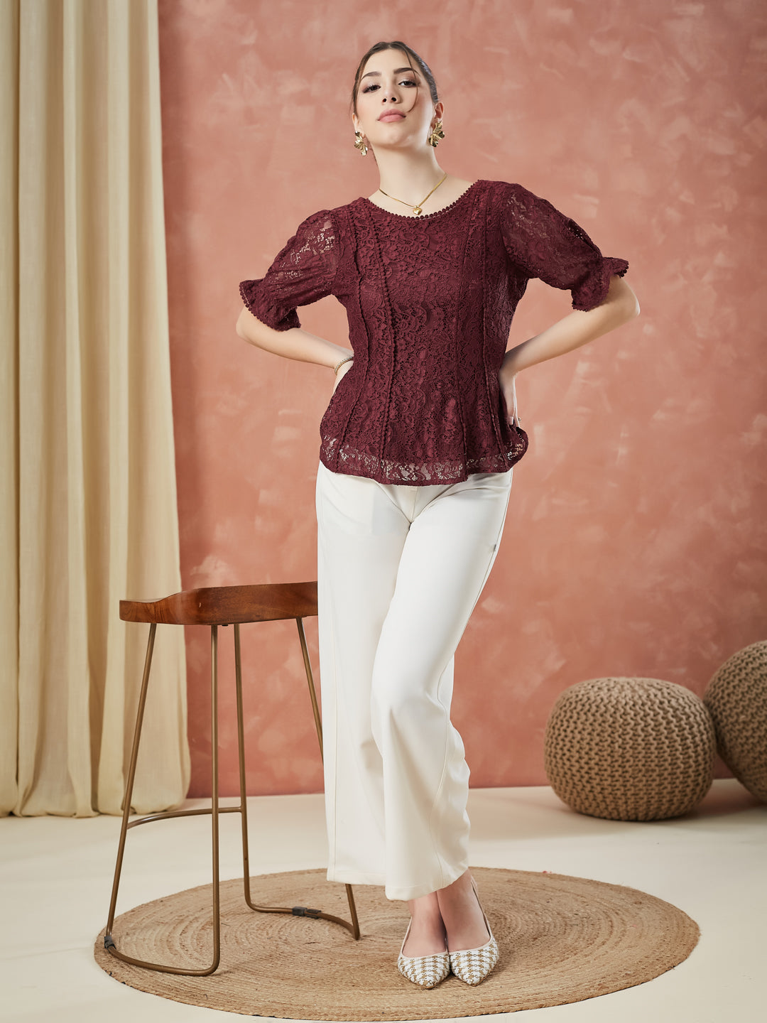 Latin Quarters Women's Maroon Half Sleeves Self Design Round Neck Casual Top