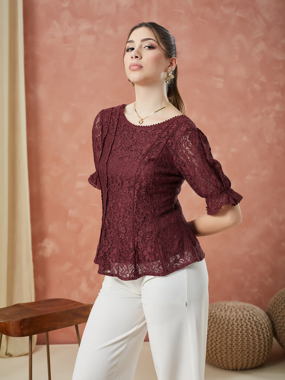 Latin Quarters Women's Maroon Half Sleeves Self Design Round Neck Casual Top