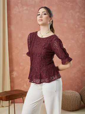 Latin Quarters Women's Maroon Half Sleeves Self Design Round Neck Casual Top