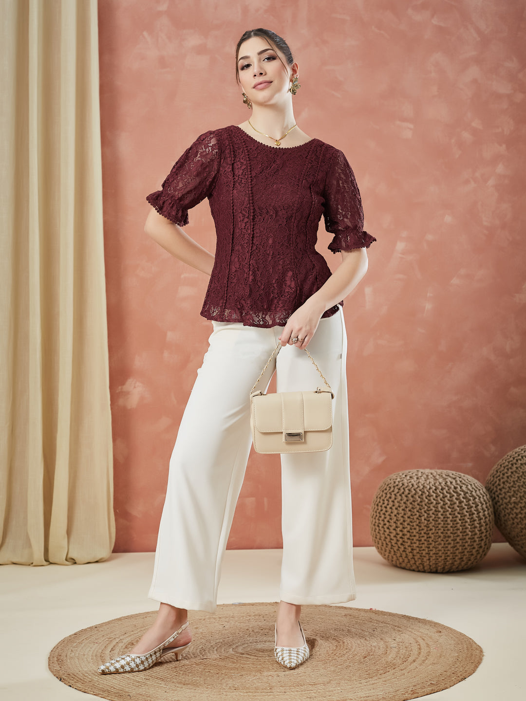 Latin Quarters Women's Maroon Half Sleeves Self Design Round Neck Casual Top