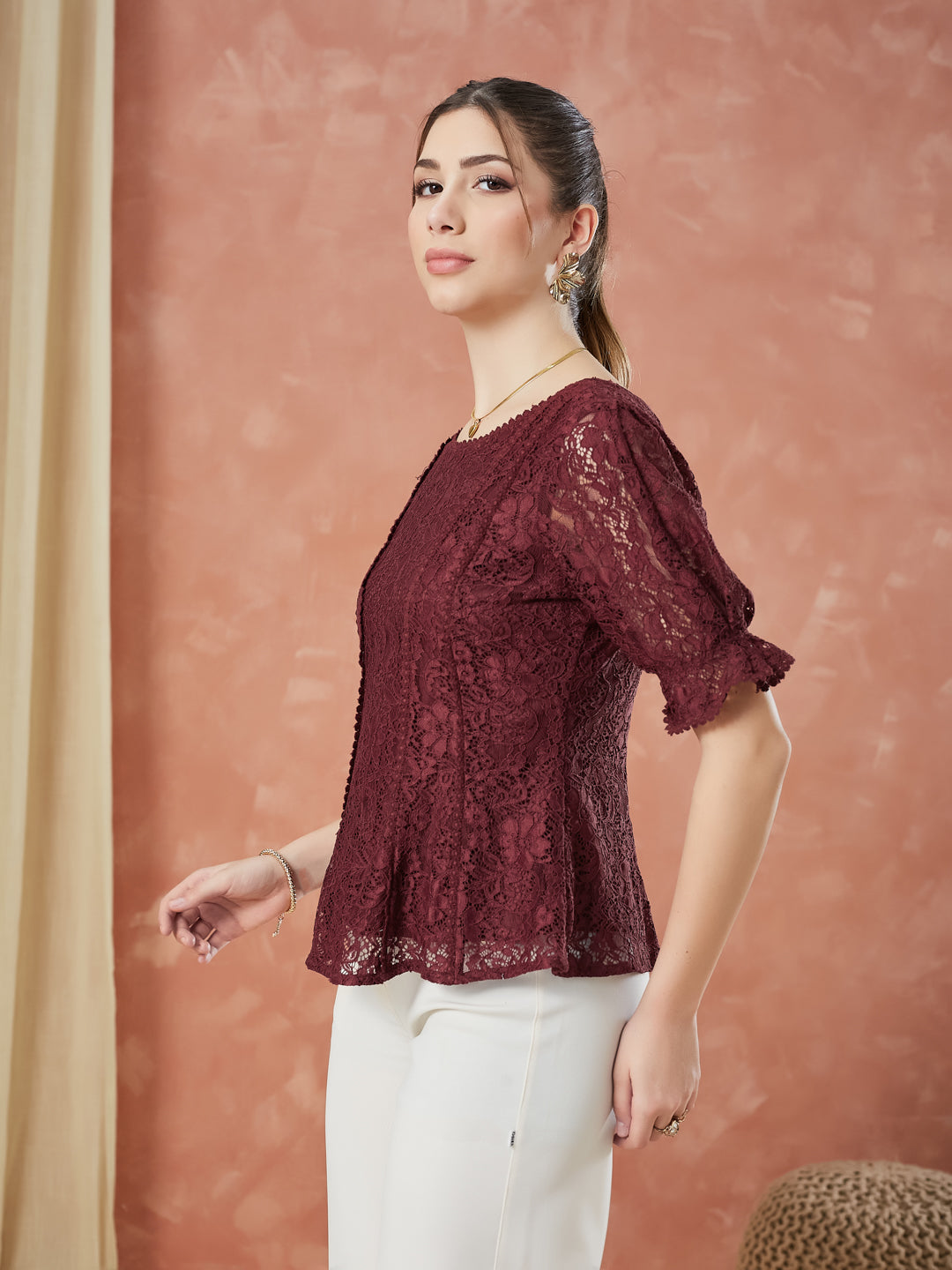 Latin Quarters Women's Maroon Half Sleeves Self Design Round Neck Casual Top