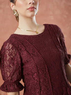 Latin Quarters Women's Maroon Half Sleeves Self Design Round Neck Casual Top