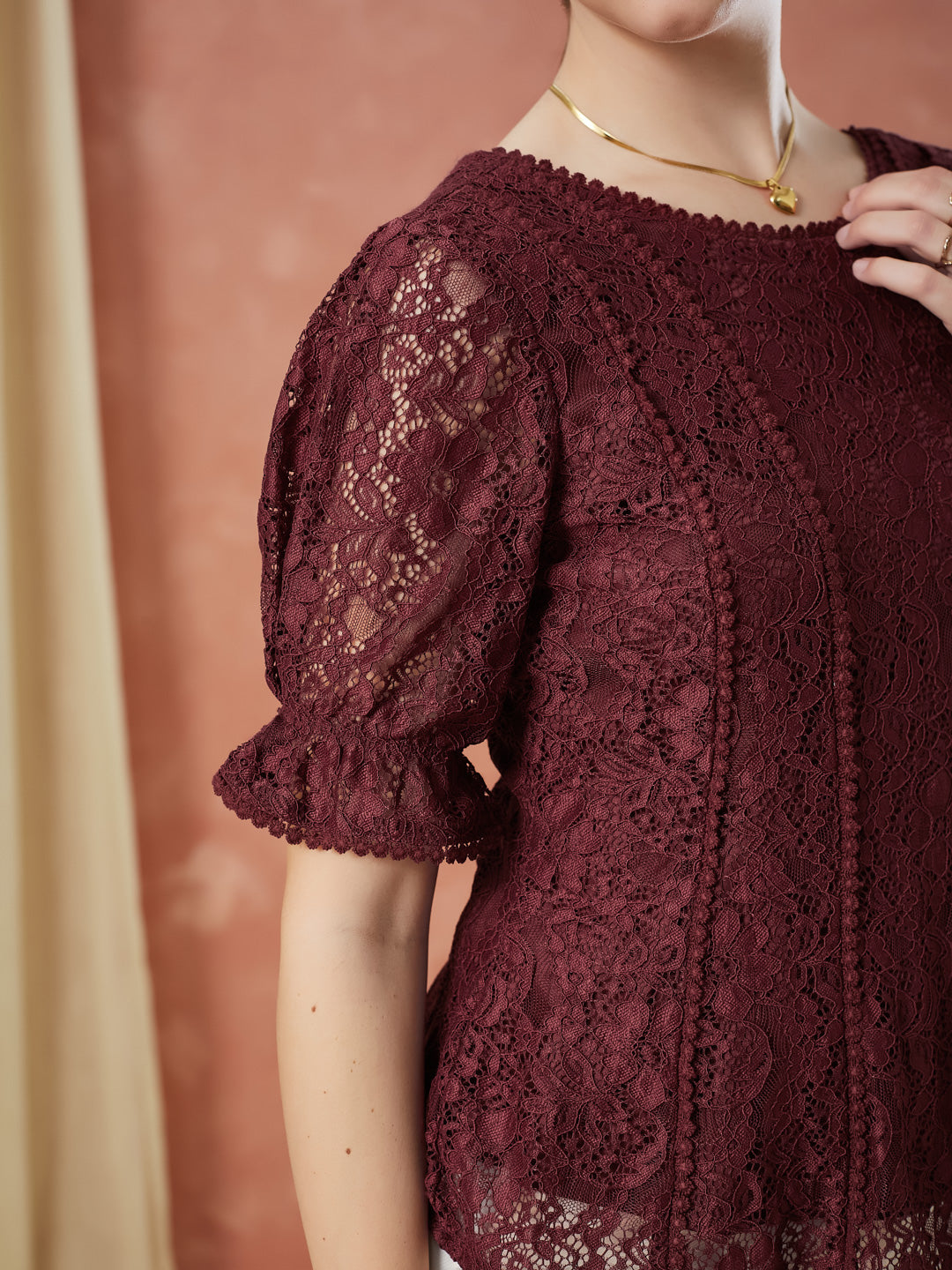 Latin Quarters Women's Maroon Half Sleeves Self Design Round Neck Casual Top