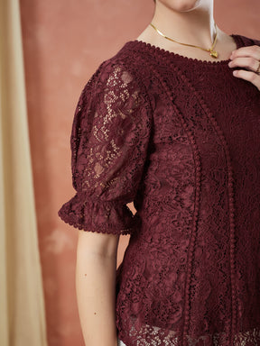 Latin Quarters Women's Maroon Half Sleeves Self Design Round Neck Casual Top