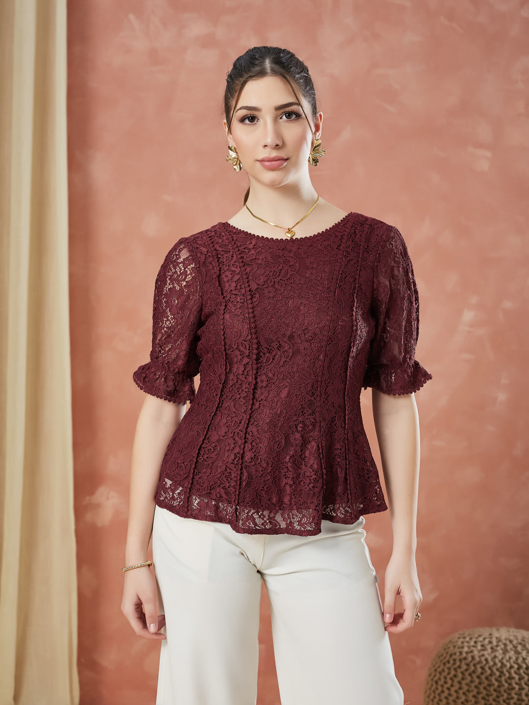 Latin Quarters Women's Maroon Half Sleeves Self Design Round Neck Casual Top