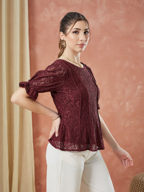 Latin Quarters Women's Maroon Half Sleeves Self Design Round Neck Casual Top